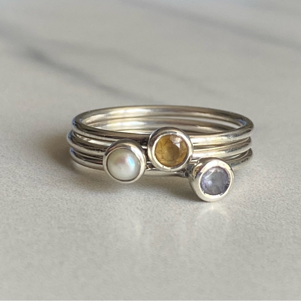 3 Silpada sterling silver stacking rings with citrine, tanzanite & pearl size 6